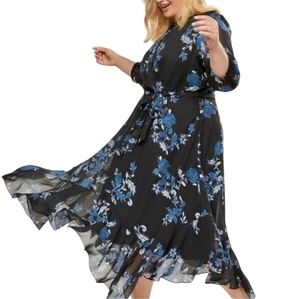 Lane Bryant Chiffon Ruffle High Low Dark Floral Dress Blue Womens Plus Size 22